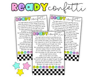 May include: Three printed cards with the text "Ready Confetti" in colorful letters, along with a poem. The cards have a black and white checkered border and smiley faces. Three star-shaped confetti pieces are also included.