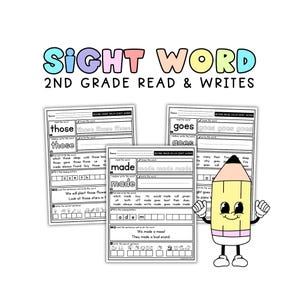 Puede incluir: Hojas de trabajo educativas de palabras de vocabulario para leer y escribir en segundo grado. Las hojas de trabajo presentan las palabras "those", "made" y "goes", con actividades como trazar y completar letras faltantes. También se incluye un personaje de lápiz de dibujos animados.
