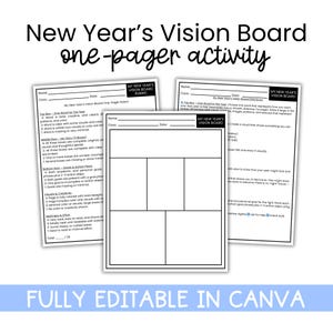 May include: A New Year's Vision Board activity sheet with the text "New Year's Vision Board one-pager activity." The sheet includes sections for goals, action plans, and visuals. The text "FULLY EDITABLE IN CANVA" is also present.