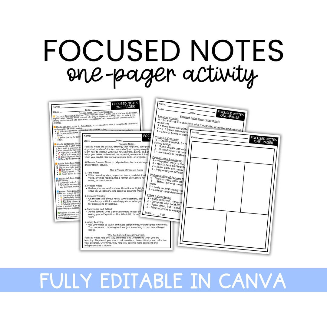 Editable AVID Focused Notes One Pager | 5 Phases of Note Taking ...
