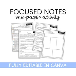 Op de afbeelding: Een verzameling witte papiersjablonen met het label "FOCUSED NOTES ONE-PAGER" voor educatieve activiteiten. De tekst "FOCUSED NOTES one-pager activity" staat bovenaan. De tekst onderaan luidt "FULLY EDITABLE IN CANVA".