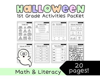 May include: A Halloween 1st Grade Activities Packet featuring 20 pages of maths and literacy worksheets. The black and white pages include a triangle hunt, word search, measurement, ABC order, subtraction, and colouring activities with a ghost.