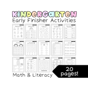 May include: A collection of 20 black and white kindergarten early finisher activity pages. The pages include math and literacy exercises such as word sorts, mazes, and number order. The title "KINDERGARTEN Early Finisher Activities" is at the top.