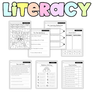 May include: A collection of printable literacy worksheets for educational use. Includes exercises on sentence correction, word sorting, reading comprehension, and punctuation. The word "LITERACY" is displayed in colorful bubble letters at the top.