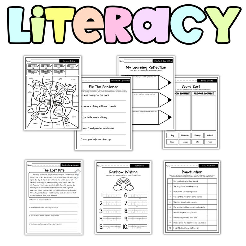 May include: A collection of printable literacy worksheets for educational use. Includes exercises on sentence correction, word sorting, reading comprehension, and punctuation. The word "LITERACY" is displayed in colorful bubble letters at the top.
