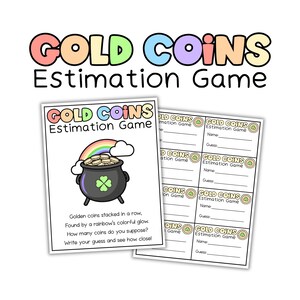 Könnte beinhalten: Ein druckbares "Gold Coins Estimation Game" mit einem Goldtopf mit Regenbogen und einem vierblättrigen Kleeblatt. Das Spiel enthält ein Feld für Namen und Schätzung. Der Titel ist in bunten Buchstaben.