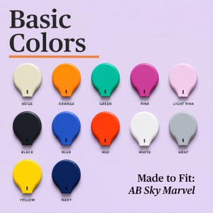 May include: A collection of twelve colorful, rounded objects in various shades, including beige, orange, green, pink, and blue. The text "Basic Colors" is at the top, and "Made to Fit: AB Sky Marvel" is at the bottom.