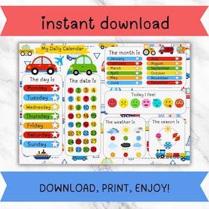 Childrens my daily calendar digital download, learning chart, calendar, childrens learning gift