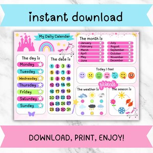 Childrens my daily calendar digital download, learning chart, calendar, childrens learning gift