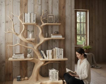 Handgefertigtes Holzbaum-Bücherregal, skulpturale Holzwand, Kunstregal, Baum-Bücherregal, Live-Edge-Stil, Holzdekor, künstlerische Naturholzmöbel