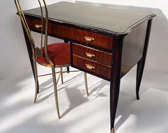 Luxury Wooden Writing Desk Set with Chair, Vintage Style Vanity Table, Handmade Dark Wood Desk with Drawers, Elegant Home Office Furniture