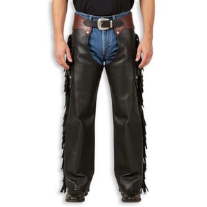 Black Leather Fringe Chaps, Handmade Western Cowboy Chaps with Brown Belt Waist, Custom Rodeo & Biker Gear, Genuine Cowhide, Festival Outfit