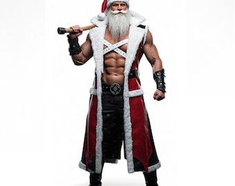 Santa Claus Warrior Coat | Red Leather Viking Cosplay Duster | Sleeveless Fur Lined Christmas Trench | Barbarian Santa Costume, Renaissance