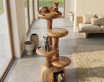 Torre rascador moderna de madera para gatos, muebles de lujo de diseño para mascotas, condominio de escalada hecho a mano