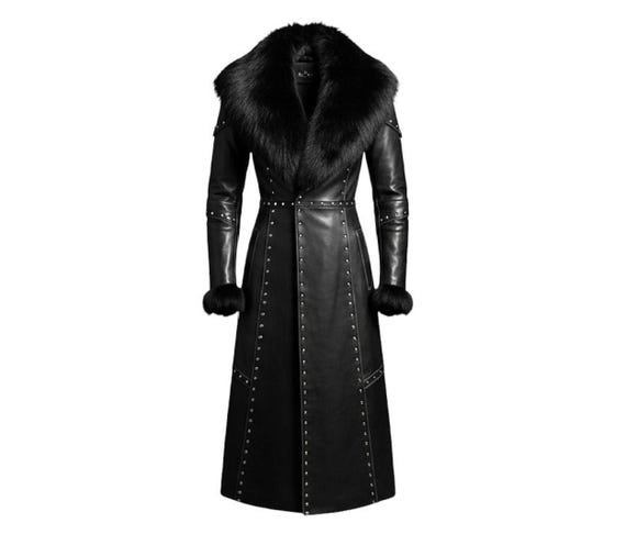 Handmade Black Leather Trench Coat | Gothic Fur Collar, Studded Medieval Cosplay