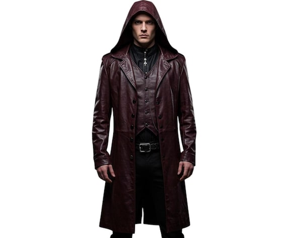 Gothic Rote Mantel Mit Kapuze Premium Leder Herren Gothic Mantel