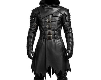 Black Leather Fantasy Trench Coat, Gothic Medieval Warrior Long Jacket with Hood, Buckles & Armor Detailing, Cosplay, Steampunk Coat Men