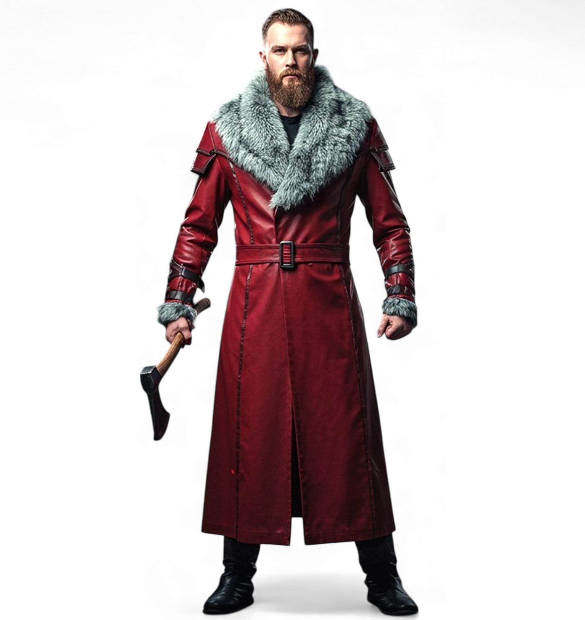 Red Viking Leather Coat with Fur Collar | Warrior Trench Cloak | Gothic Winter Assassin Costume | LARP Cosplay Overcoat, Gothic Long Coat
