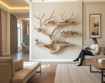 Handmade Wooden Tree Wall Shelf, Sculptural Wood Wall Art, Minimalist Tree Bookshelf, Floating Rustic Wood Decor, Natural Scandinavian Home