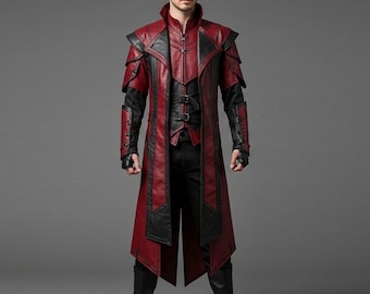 Men&#39;s Blood Red Vampire Leather Trench Coat Gothic Assassin Cosplay Jacket | Devil Hunter Festival Duster | Steampunk Long Leather Overcoat