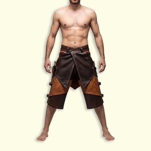 Fantasy Leather Gladiator Shorts | Brown Steampunk Warrior Kilt Shorts | Custom Handmade Cosplay Costume for Men | Custom | Tactical Shorts