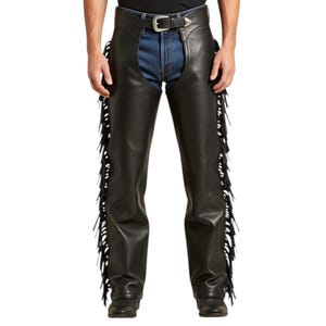 Black Leather Fringe Chaps for Men – Western Cowboy Rodeo Pants, Biker Festival Gear, Adjustable Custom Cow Leather Overpants, Gothic Chaps