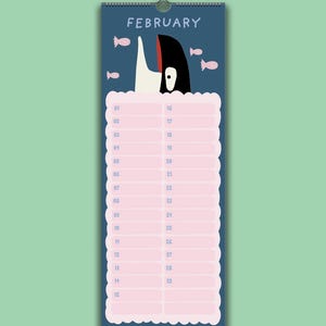 May include: A wall calendar for February featuring a dark blue background with a black and white orca illustration at the top, small pink fish, and a scalloped-edge light pink grid with numbered rows from 01 to 29 for daily planning entries.
