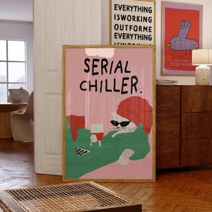 Lazy Cat poster, kleurrijke retro illustratie, dopaminedecor, homebody kunst aan de muur