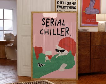 Lazy Cat Poster, Colourful Retro Illustration, Dopamine Decor, Homebody Wall Art