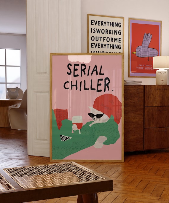 Lazy Cat Poster, Colourful Retro Illustration, Dopamine Decor, Homebody Wall Art