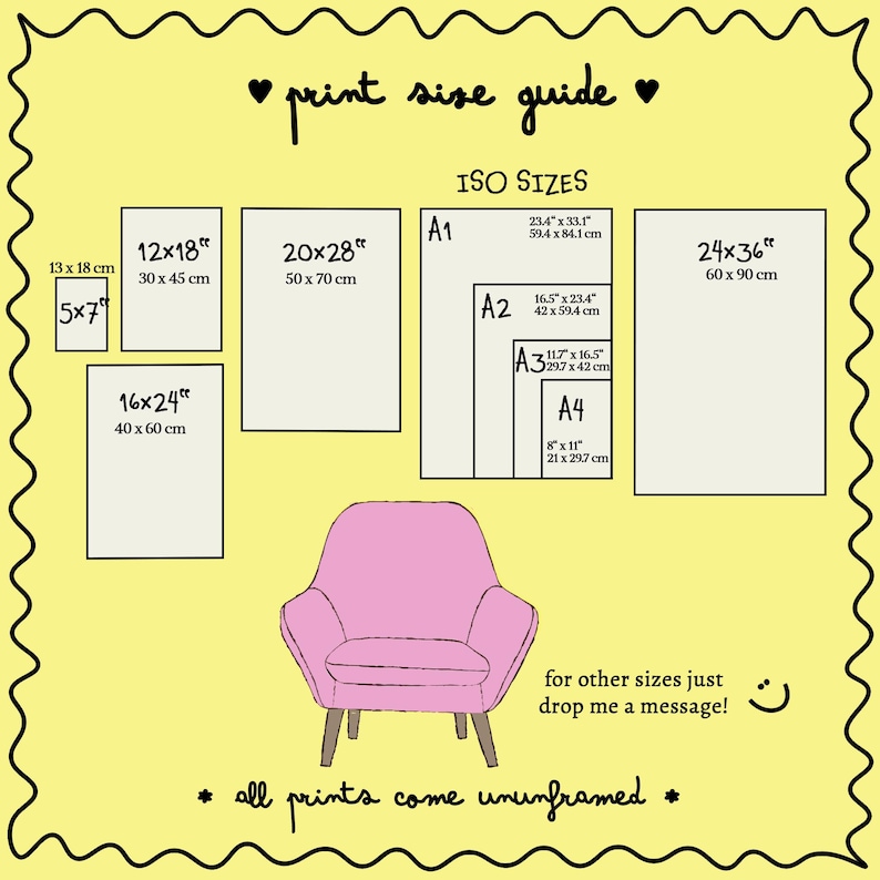 May include: A print size guide on a yellow background, featuring various rectangular print sizes in inches and centimeters. The guide includes sizes like 5x7, 12x18", 16x24", 20x28", and 24x36". ISO sizes A1, A2, A3, and A4 are also shown. A pink armchair is in the image.