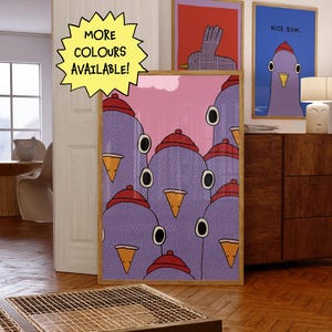 Impresión de paloma divertida: arte de aves peculiares, decoración retro maximalista, ilustración colorida