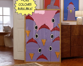 Funny Pigeon Print: Quirky Bird Art, Retro Maximalist Decor, Colourful Illustration