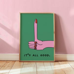 Póster "Todo está bien", decoración de dopamina, impresión de pared retro verde, póster original de buenas vibras, arte inspirador, impresión de afirmación lúdica
