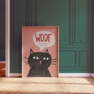 Stampa di un'illustrazione di un gatto divertente, arte di un gatto nero, arredamento per appartamenti in stile preppy, stampa di citazioni di animali motivazionali, arredamento per la casa stravagante