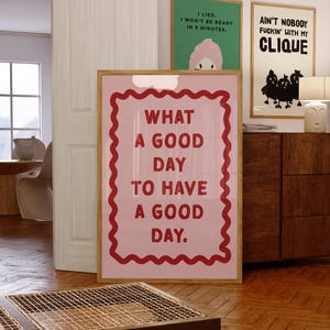 Póster de motivación rosa, impresión "Qué buen día", decoración de habitación preppy, decoración de apartamento pequeño, dormitorio, afirmación positiva
