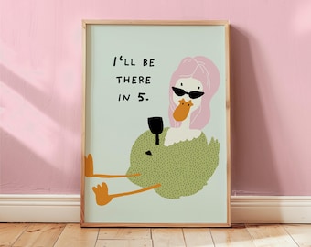 Modisch Spätes Poster, Dopamin Dekor, Retro Badezimmer Druck, Diva Ente Illustration, Lustiger Retro Zitat Druck