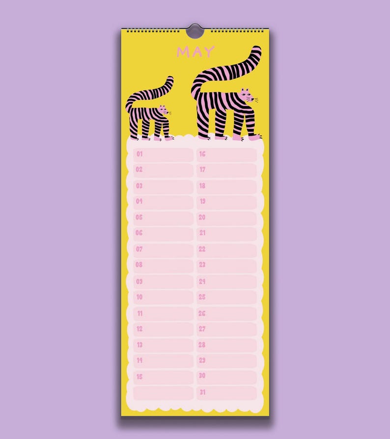 May include: A wall calendar page for May featuring a yellow background with two stylized pink and black striped tigers at the top. Below the tigers is a light pink grid with scalloped edges containing the numbers 01 through 31 for daily planning.