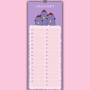 May include: A vertical wall calendar page for January with a light purple background. The top features three purple birds wearing red hats. Below, a scalloped white box contains a list of dates from 01 to 31 with blank lines for notes.