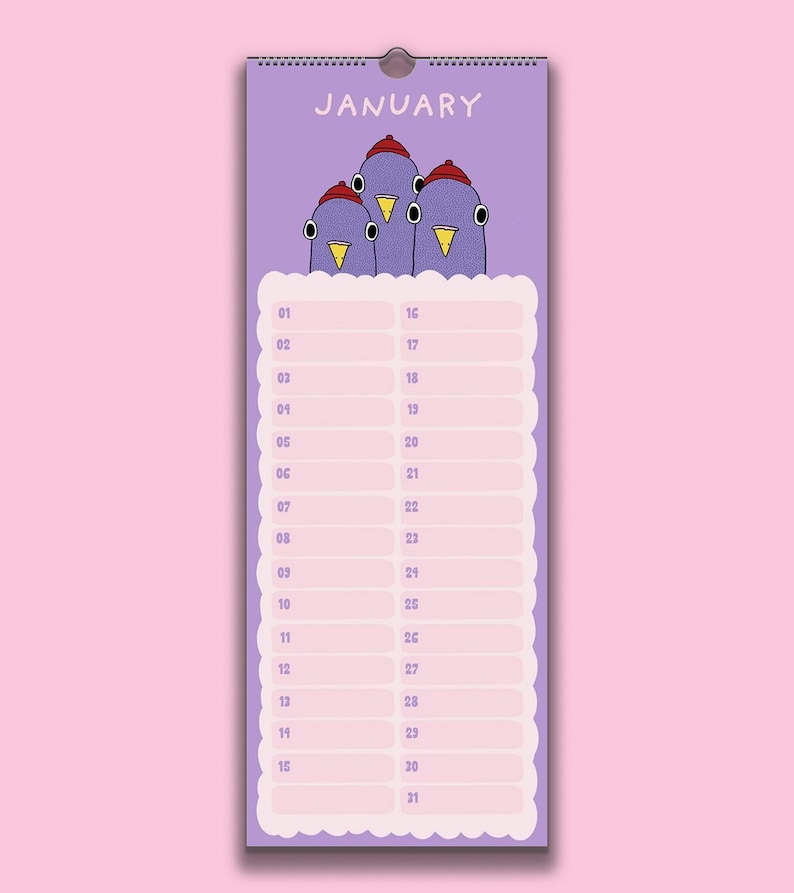 May include: A vertical wall calendar page for January with a light purple background. The top features three purple birds wearing red hats. Below, a scalloped white box contains a list of dates from 01 to 31 with blank lines for notes.