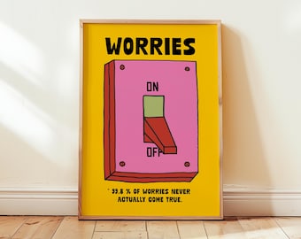 No Worries Poster, Mental Health Poster, Uplifting Quote, Affirmation Wall Art, Colourful Retro Illustration