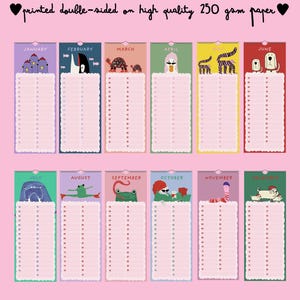 May include: A wall calendar featuring twelve monthly panels with colorful illustrations of animals including birds, turtles, dogs, and frogs. The text printed at the top reads: printed double-sided on high quality 250 gsm paper. Each month has a numbered list for dates.
