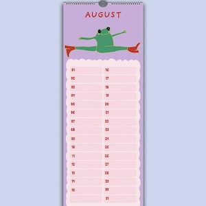 May include: A vertical wall calendar page for August featuring a green frog doing a split while wearing red boots. The background is light purple with a scalloped pink section below containing numbered rows from 01 to 31 for daily notes.