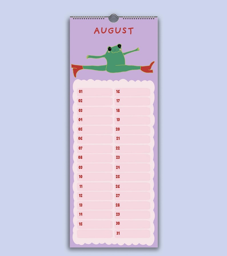 May include: A vertical wall calendar page for August featuring a green frog doing a split while wearing red boots. The background is light purple with a scalloped pink section below containing numbered rows from 01 to 31 for daily notes.