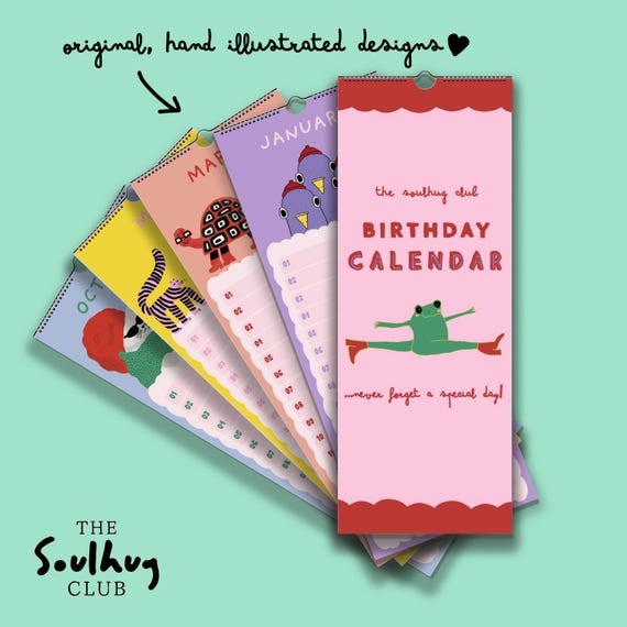 The Soulhug Club Birthday Calendar: Undated Animal Illustration Wall Planner, Colourful hand illustrated Kids Calendar