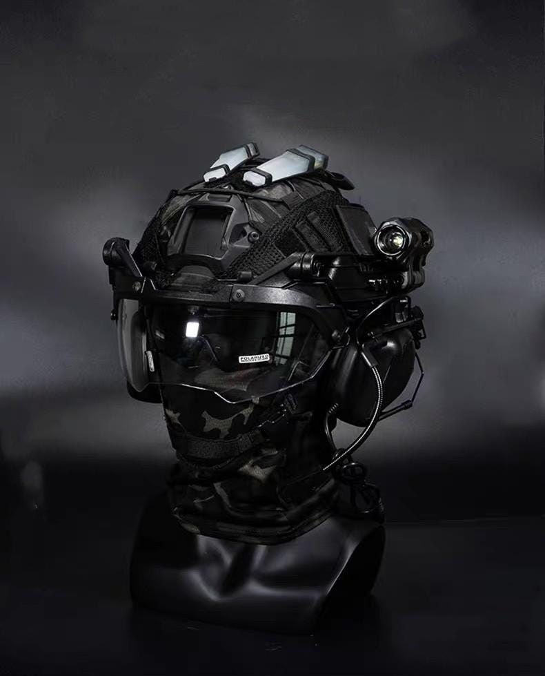Full Tactical Helmet Set with Shooting Glasses Headset Light Balaclava, Wargame Cosplay Airsoft Protection Gear for Outdoor Combat