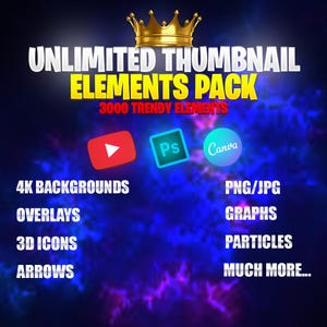 Puede incluir: Gráfico digital con el texto "UNLIMITED THUMBNAIL ELEMENTS PACK" y "3000 TRENDY ELEMENTS". Incluye iconos de YouTube, Photoshop y Canva, además de listas de elementos como fondos, superposiciones e iconos 3D.