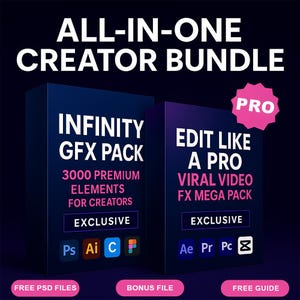 Może przedstawiać: Reklama pakietu dla twórców. Obraz przedstawia dwa granatowe pudełka z napisami "INFINITY GFX PACK" i "EDIT LIKE A PRO VIRAL VIDEO FX MEGA PACK". U góry znajduje się napis "ALL-IN-ONE CREATOR BUNDLE".