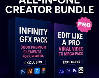 May include: An advertisement for a creator bundle. The image features two dark blue boxes with text that reads "INFINITY GFX PACK" and "EDIT LIKE A PRO VIRAL VIDEO FX MEGA PACK". The text "ALL-IN-ONE CREATOR BUNDLE" is at the top.