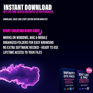 May include: An advertisement for digital products, set against a dark backdrop with bright text. Key phrases include "INSTANT DOWNLOAD" and "START CREATING RIGHT AWAY." Two product boxes are shown: "INFINITY GFX PACK" and "EDIT LIKE A PRO." The image promotes digital design resources.